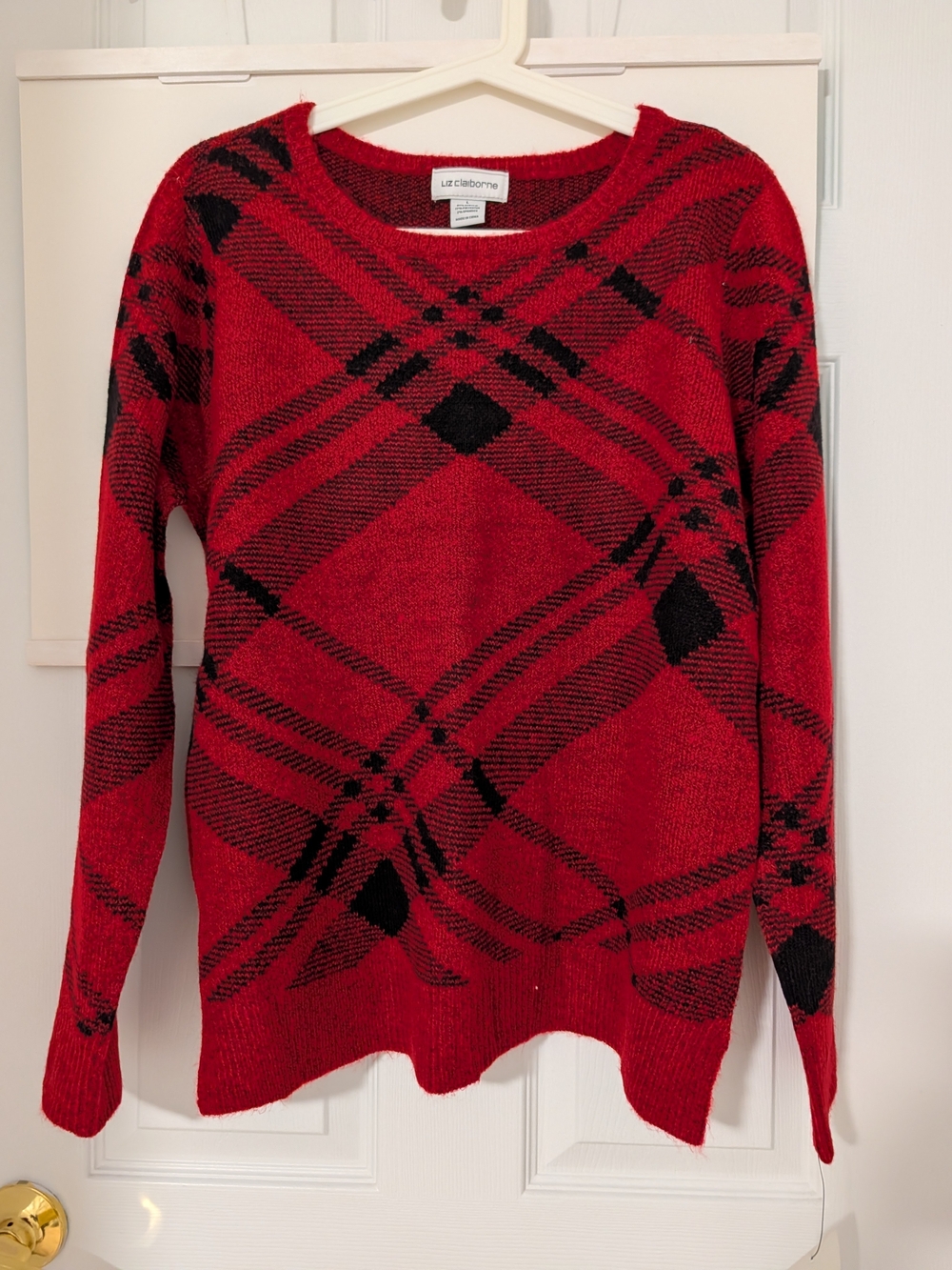 Liz Claiborne Red and Black Plaid Crewneck Sweater